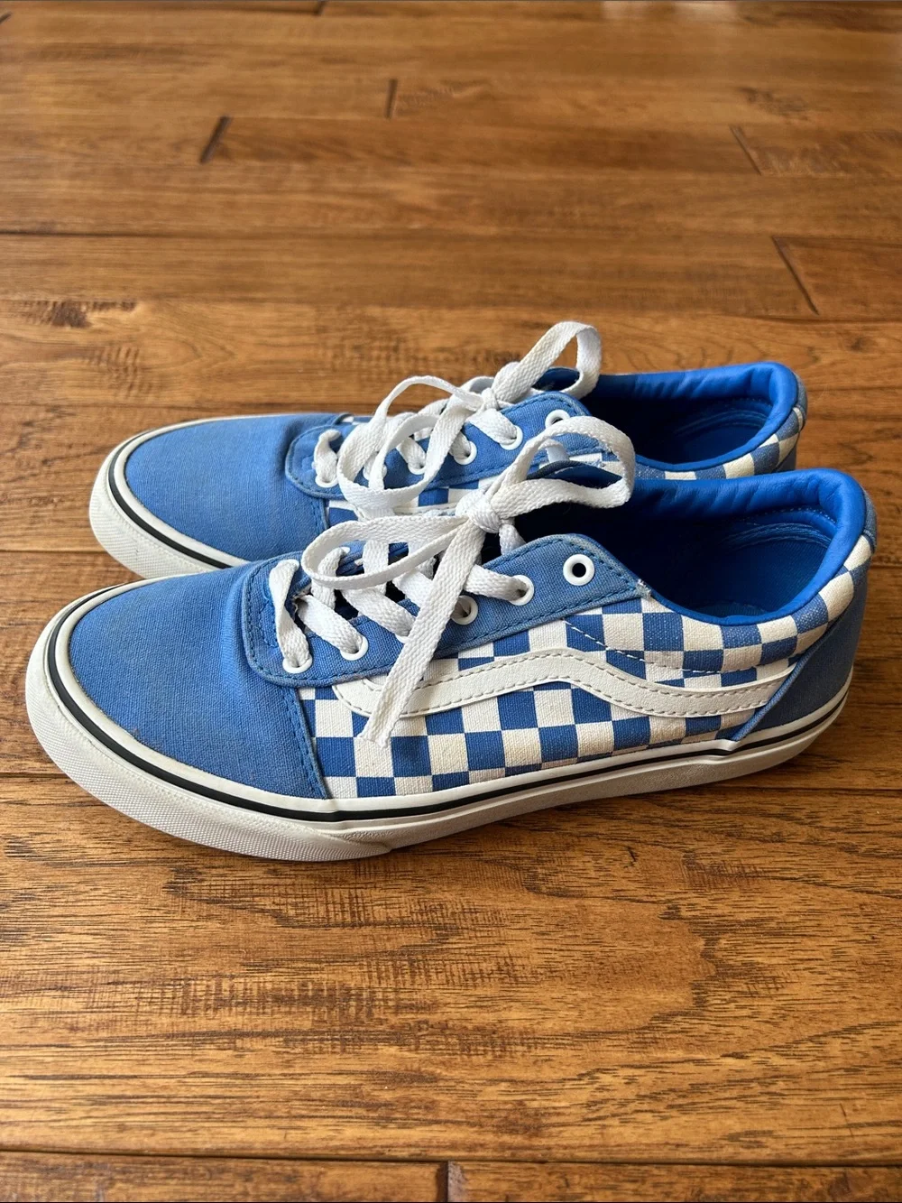 Vans Old Skool Checkerboard Skate Shoes Sneakers True Blue White Youth Size 4.5